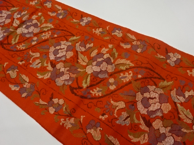 リサイクル　手織り紬縞に花唐草模様織出し名古屋帯